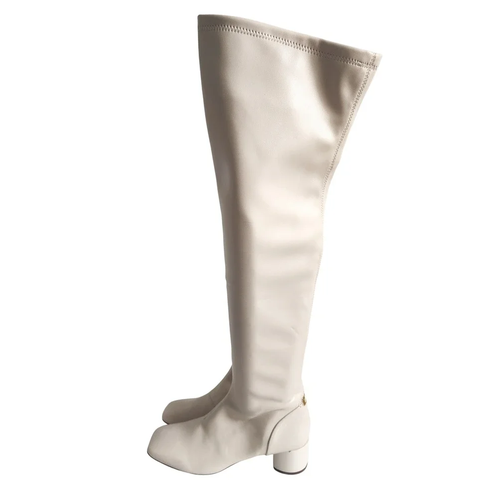 New Franco Sarto Over the Knee Boots 7 Square Toe Cream Block Heel Mod Go-Go